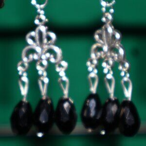 Handmade Clip-On Earrings - BEAUTIFUL Black Teardrop Crystal Beads - COT 54